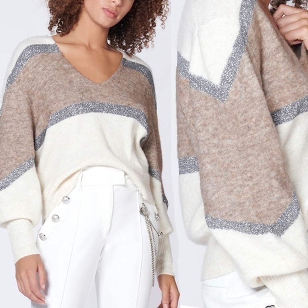 Veronica Beard Miley Merino Wool Alpaca Ivory V-neck Long Sleeve Sweater S